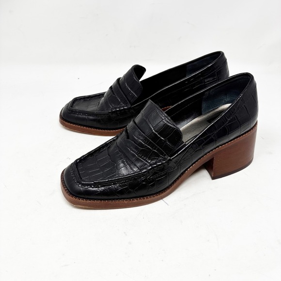 Dolce Vita Black Crocodile Embossed Loafer Size 8 Leather Square Toe Block Heel - Picture 1 of 10